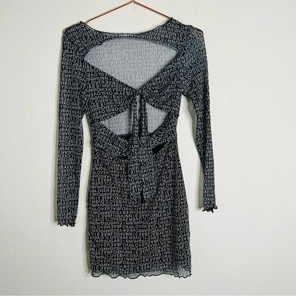 Princess Polly Text Me Mini Dress Black White print keyhole cutout mesh